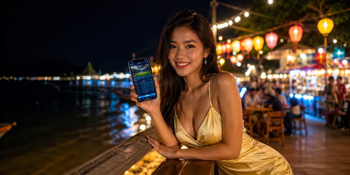 Người chơi tại Phú Quốc mở trang Jackpot trên điện thoại tại chợ đêm sôi động